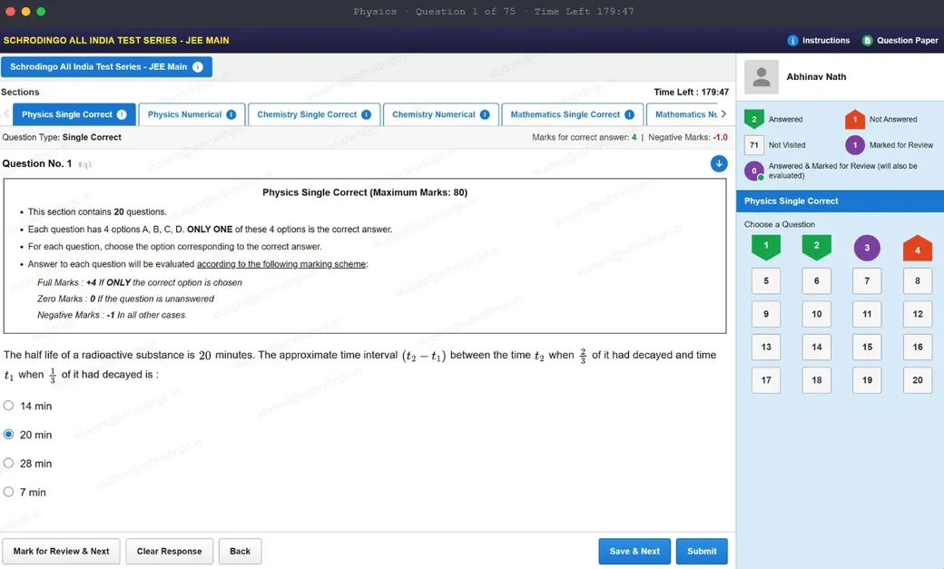The Schrodingo exam interface: an NTA-pattern JEE Main paper showing section tabs for Physics, Chemistry and Mathematics, the countdown timer, the marking scheme and the colour-coded question palette.